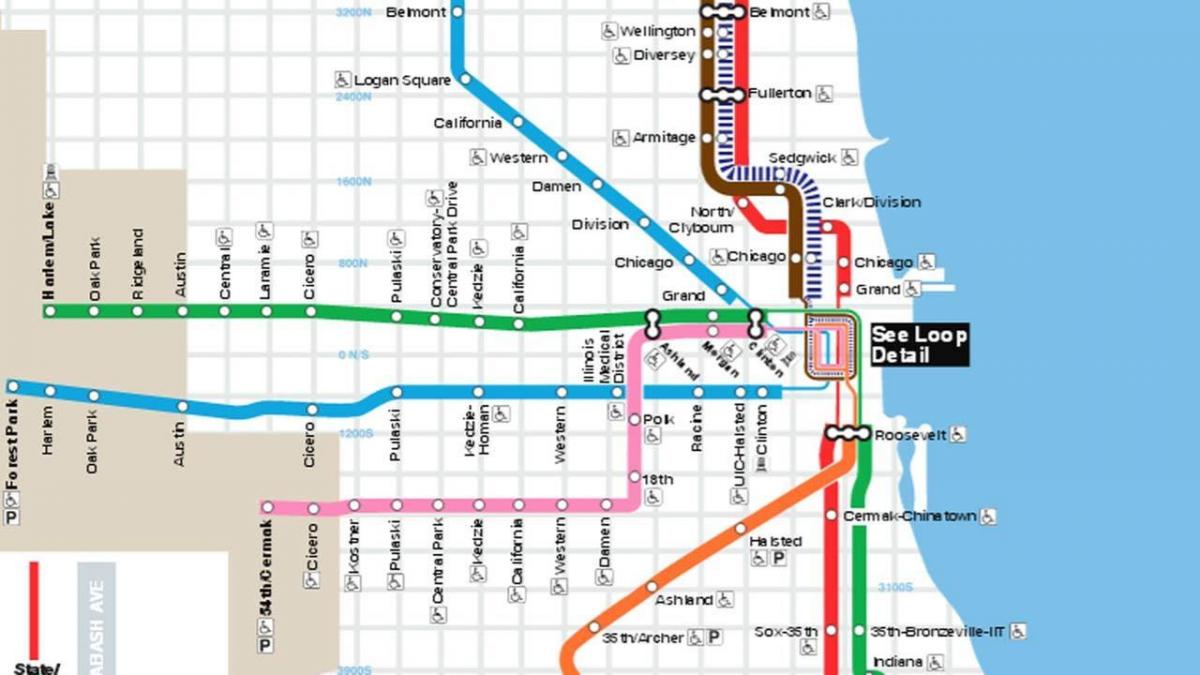 карта Чикаго синей линии